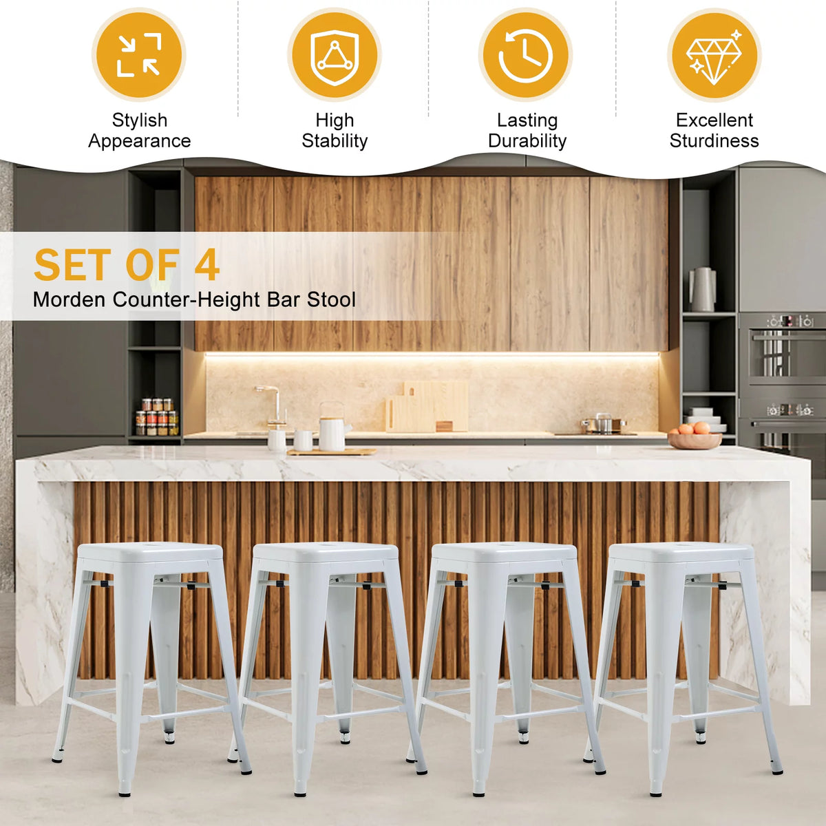 Metal Bar Stools Set of 4, 24 inch White Stackable Backless Counter Height L16383