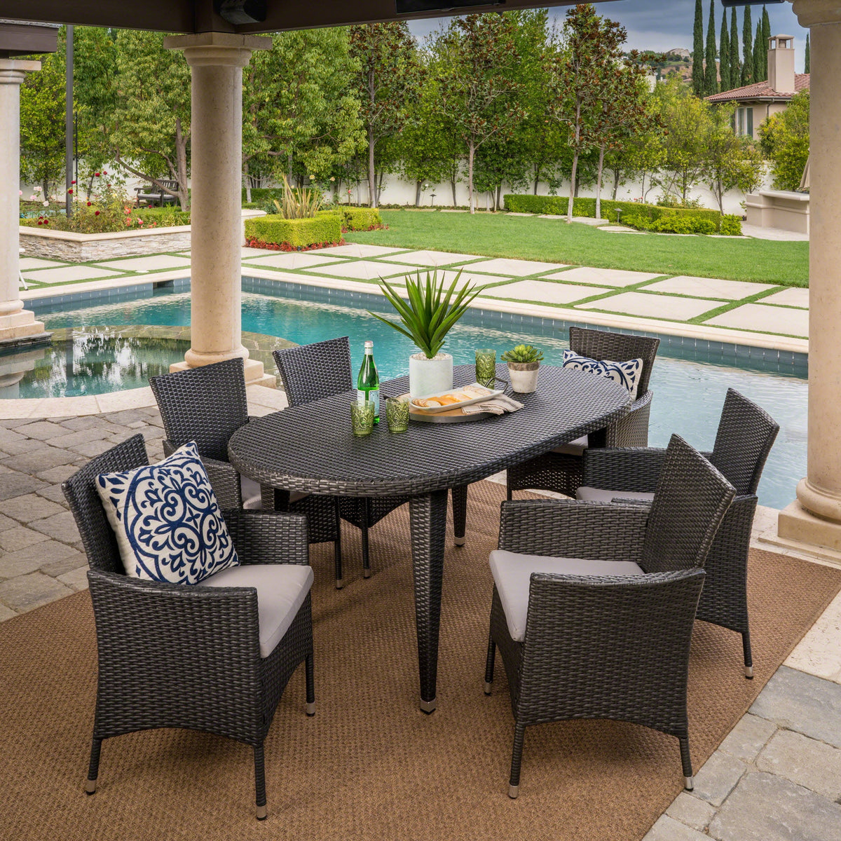7 Piece Wicker Oval Dining Set with Cushions G6757