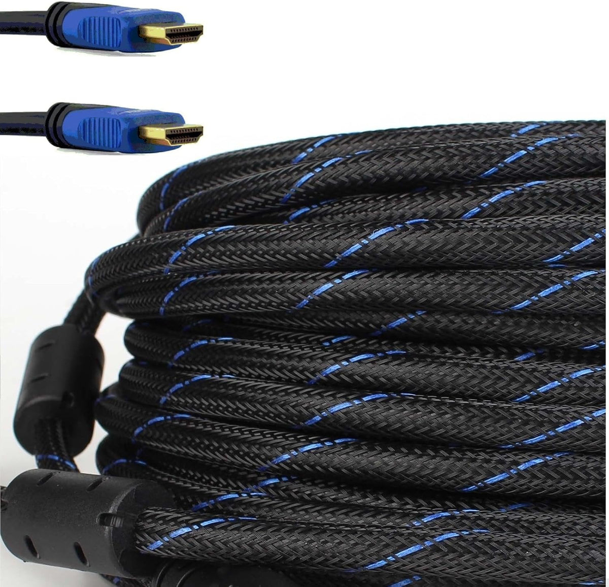 Braided Nylon HDMI Cable with Ferrite Core Blue 100 Feet Pack of 2 H8667