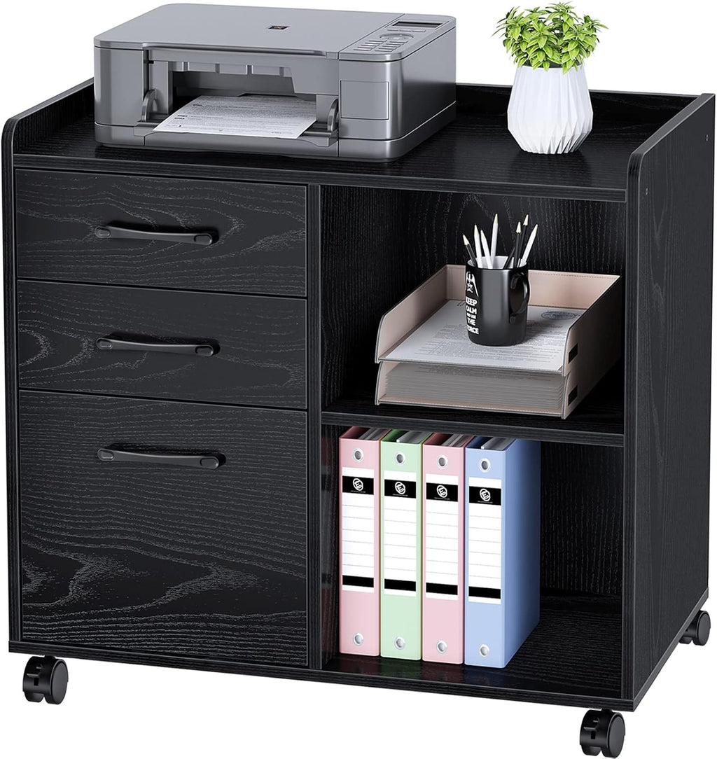 Black 3-Drawer Mobile Lateral File Cabinet with Open Storage Shelf and Wheels J150