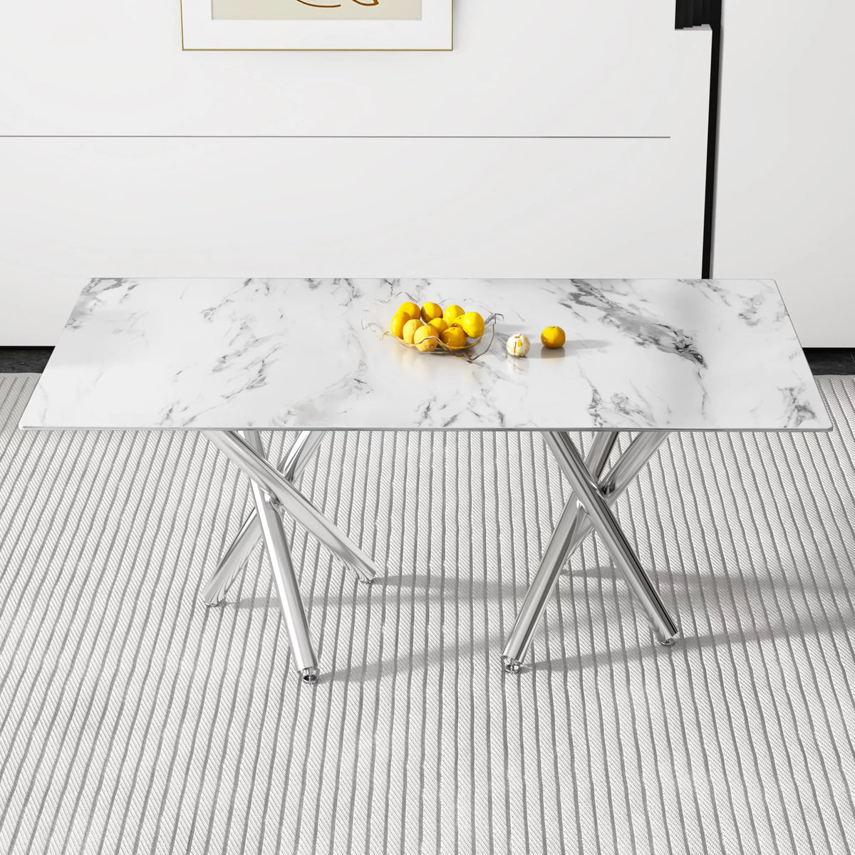 Rectangular Glass Dining Table for 6-8 People with Tempered Glass Top and Silver Metal Legs S1926