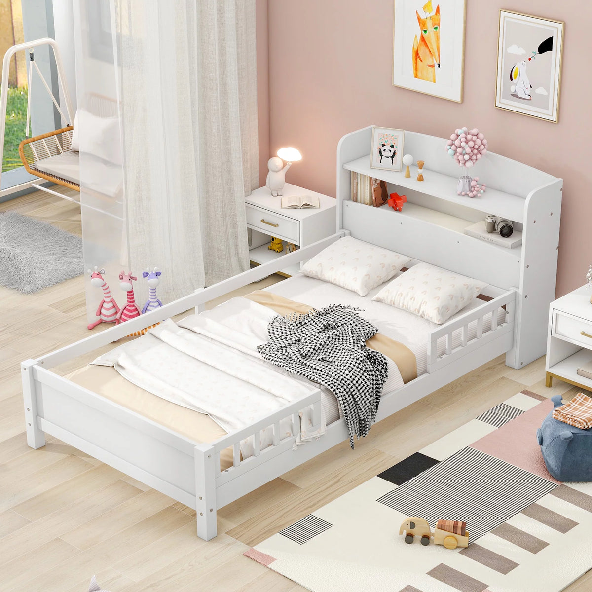 Twin Size Wood Platform Bed with Storage Headboard and Guardrail S570533