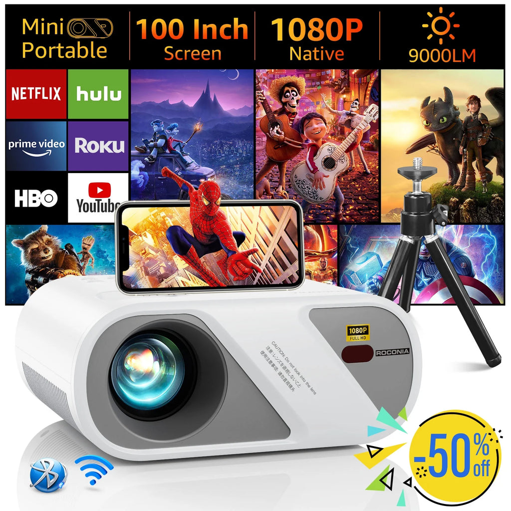 5G Wifi Mini Projector with 100 Projector Screen, Full HD 1080P, Black Y19233