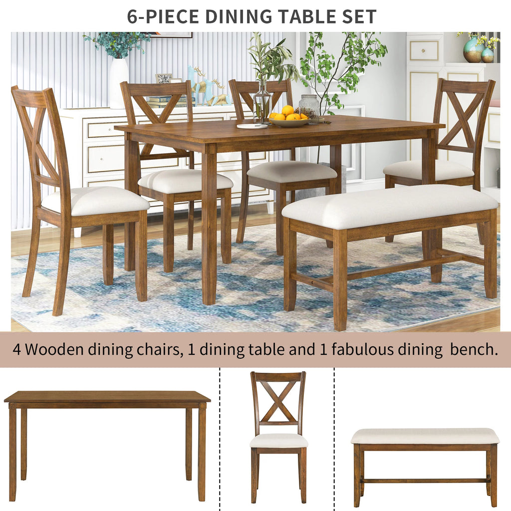 6-Piece Wooden Dining Table Set with 4 Chairs and Bench G9003
