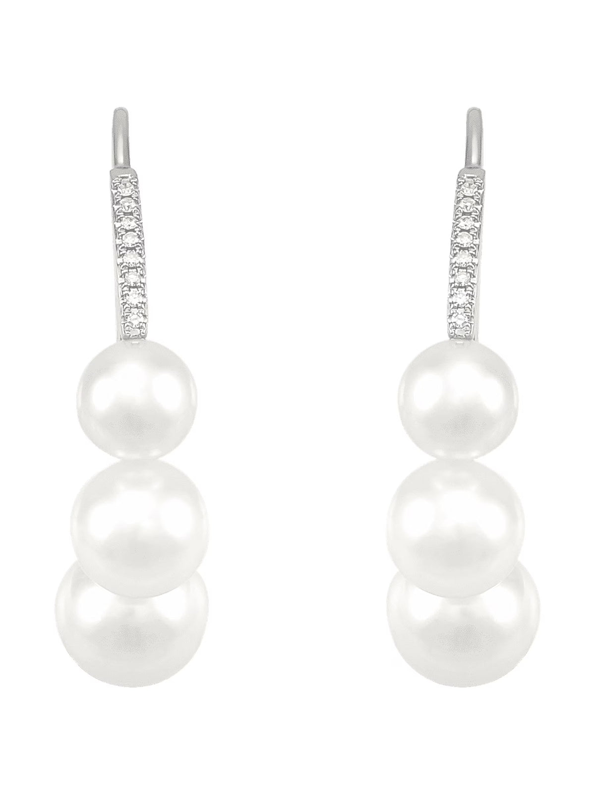White Freshwater Pearl J-Hoop Drop Earrings with Diamonds in 14kt White Gold M354