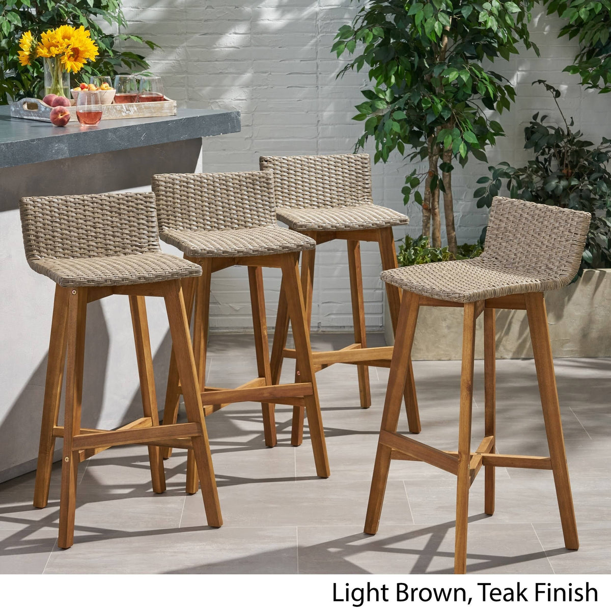 4pk Acacia Wood Wicker Patio Barstools Brown Y335459