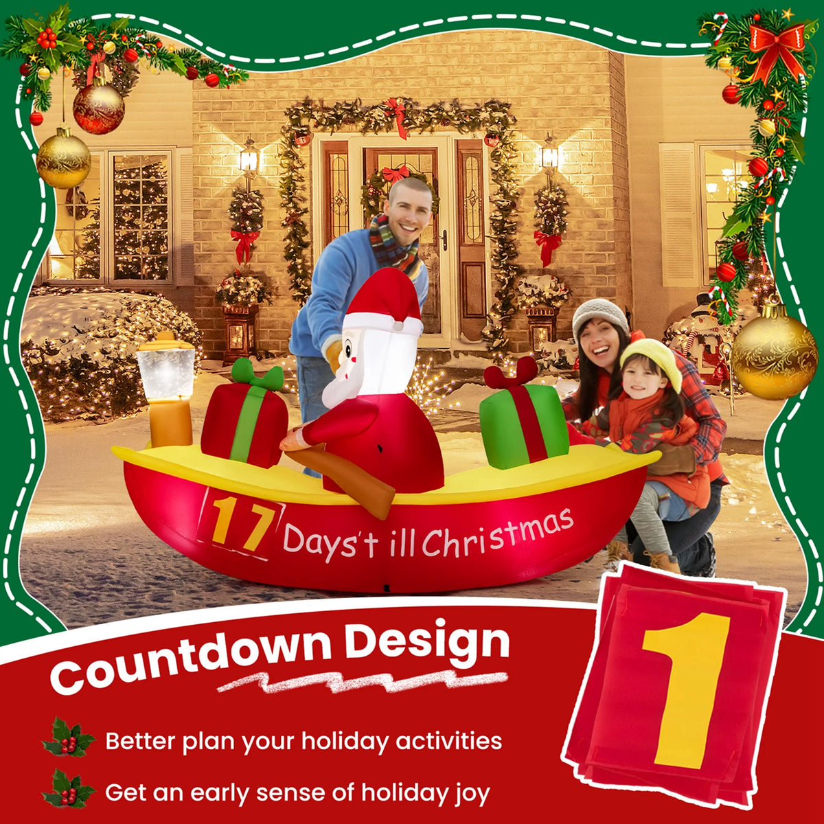 7 FT Christmas Inflatable Santa Claus Rowing Boat with Navigation Light S142208