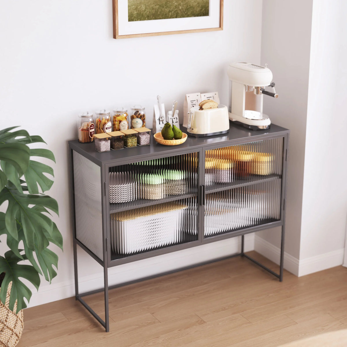 Gray Fluted Glass Sideboard Storage Cabinet Console Table O67401