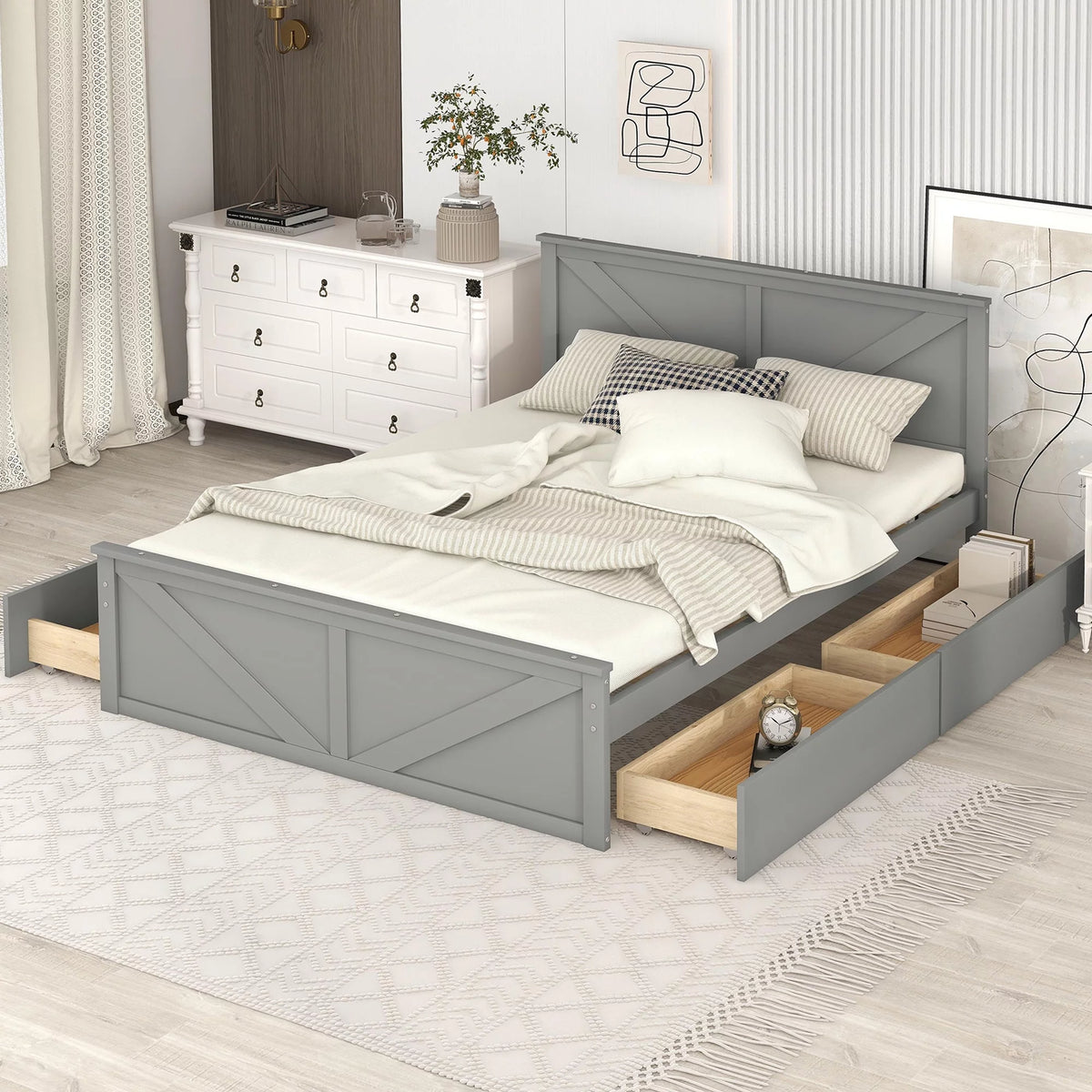 Wood Queen Bed Frame with 4 Storage Drawers C749
