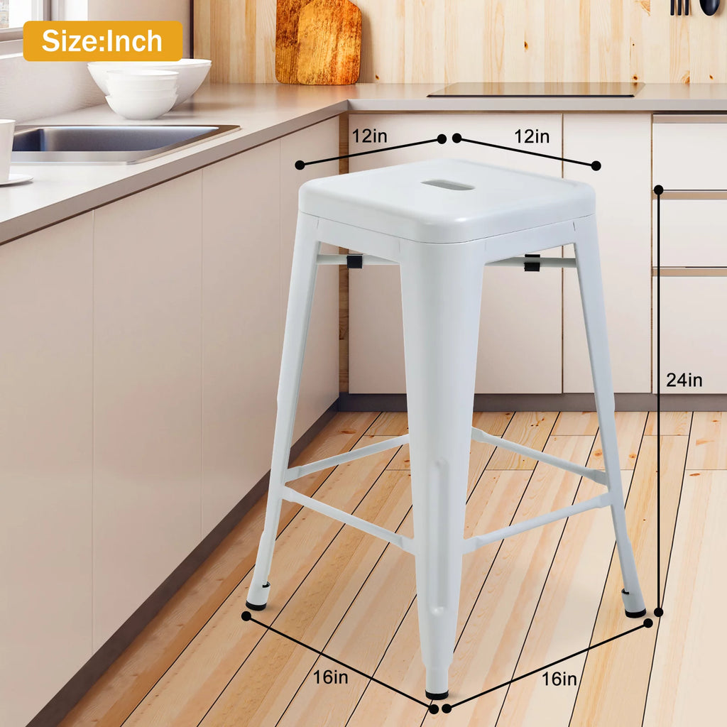 Metal Bar Stools Set of 4, 24 inch White Stackable Backless Counter Height L16383
