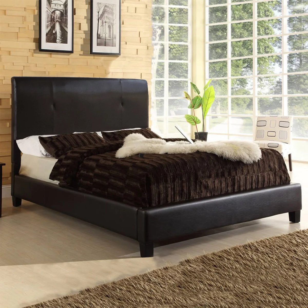 Queen Panel Bed Dark Brown Faux Leather C161