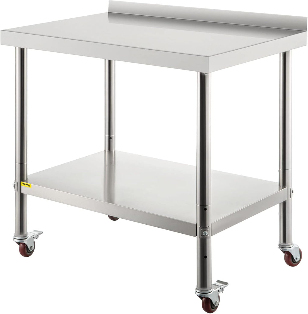 Stainless Steel Prep Table, 30 x 24 x 35 Inch, 440lbs Load Capacity, with Backsplash, Adjustable Undershelf & 4 Casters C81346