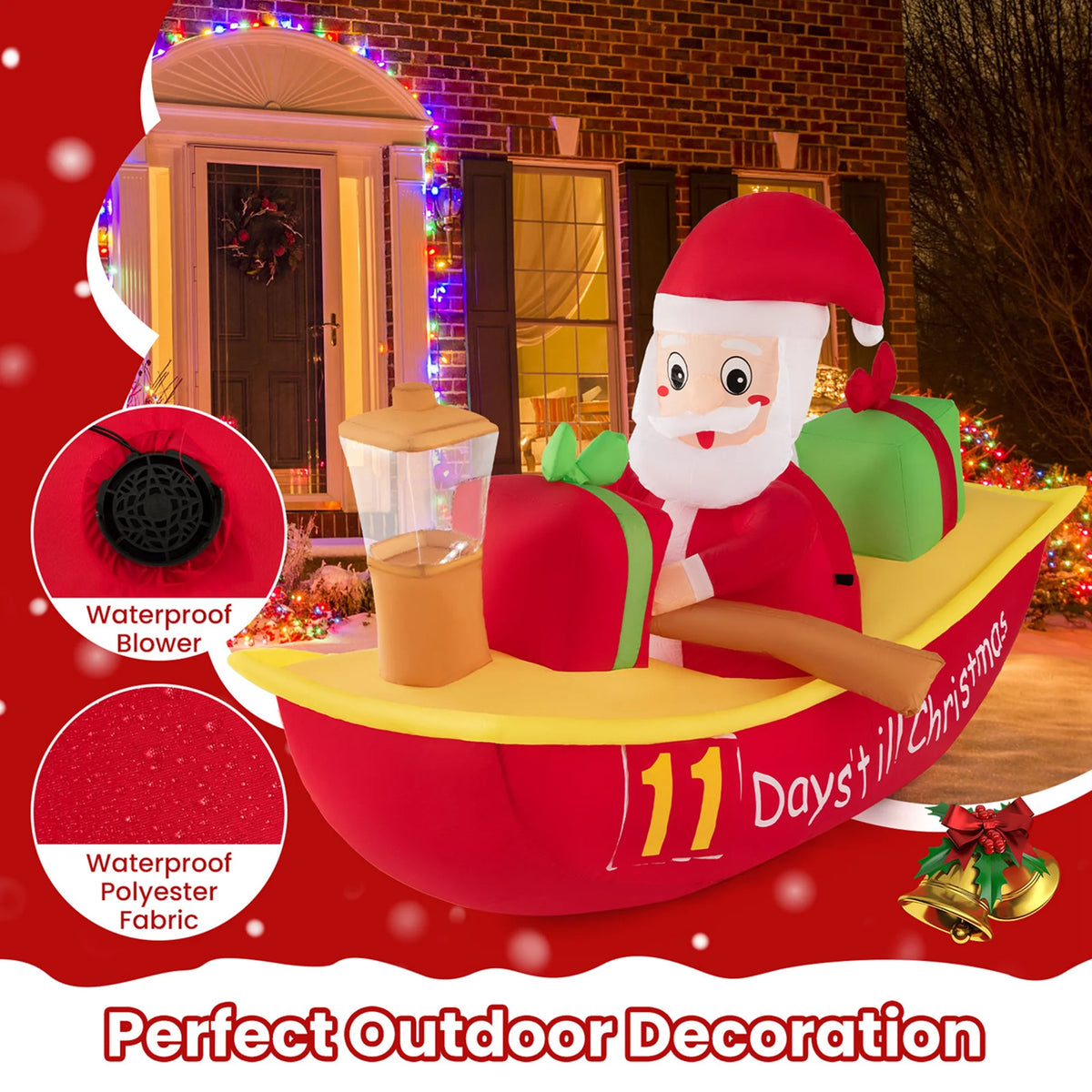 7 FT Christmas Inflatable Santa Claus Rowing Boat with Navigation Light S142208