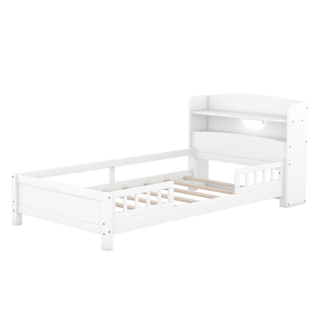 Twin Size Wood Platform Bed with Storage Headboard and Guardrail S570533