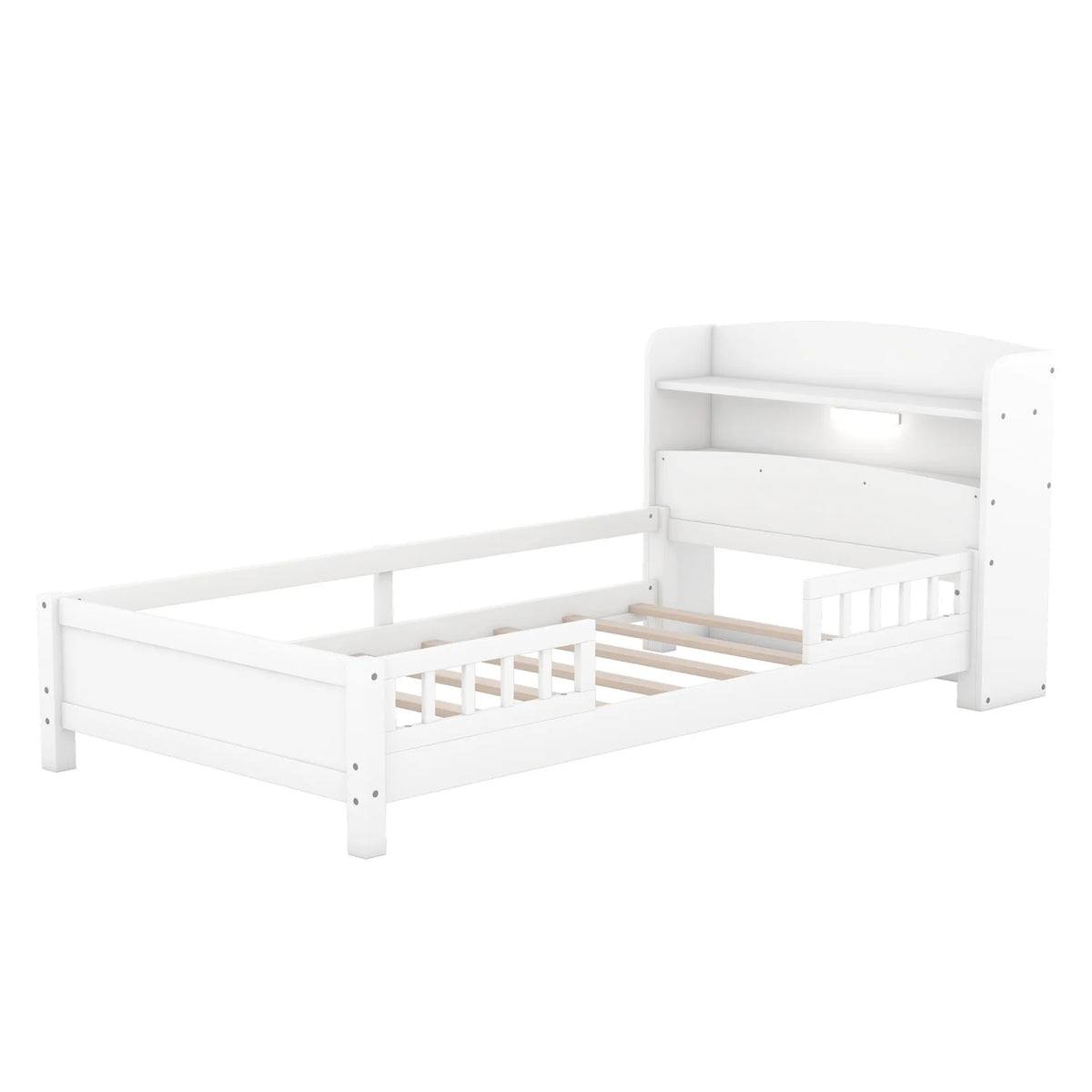 Twin Size Wood Platform Bed with Storage Headboard and Guardrail S570533