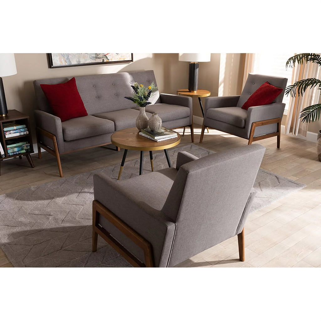 Light Grey Fabric Upholstered Walnut Wood 3-Piece Living Room Set Q935