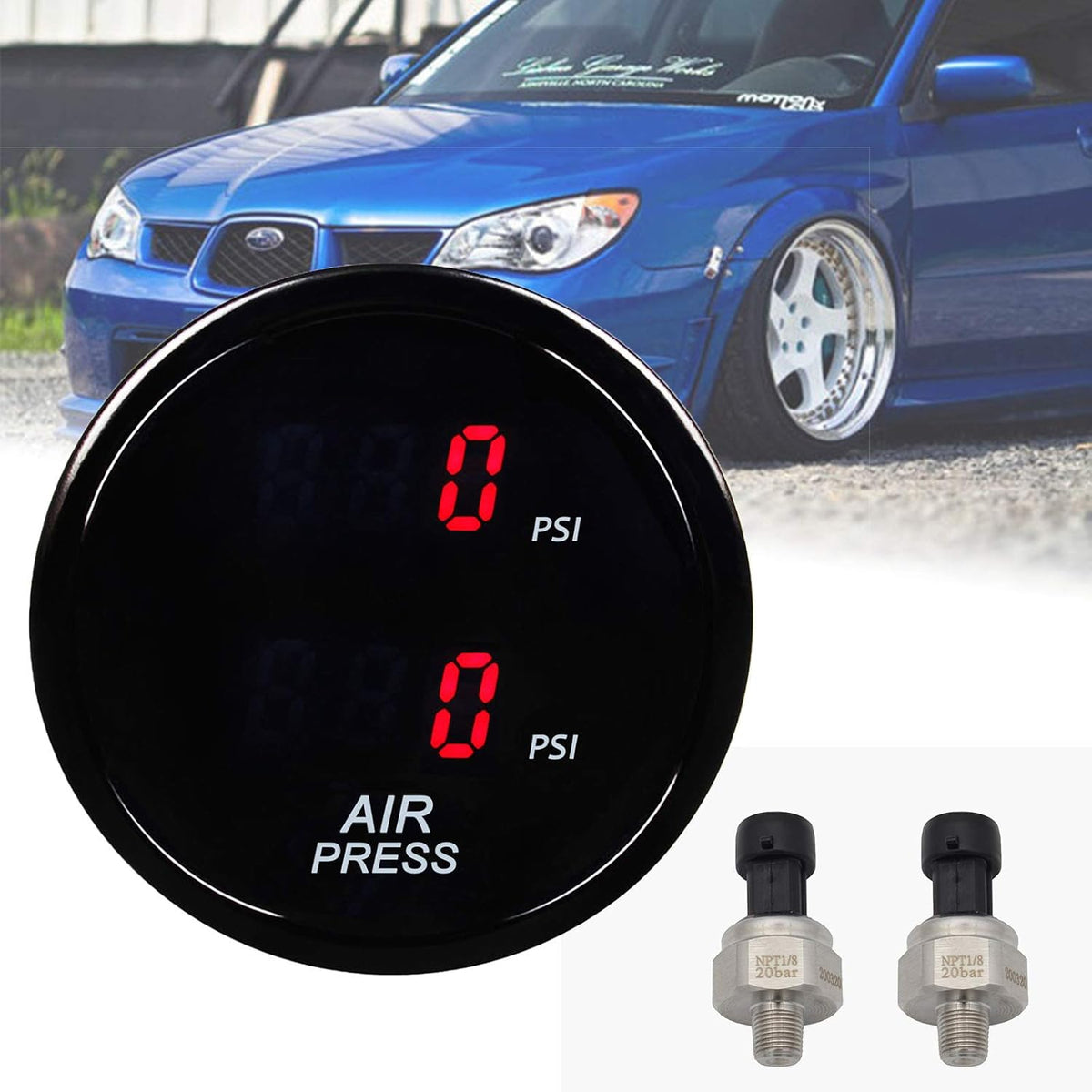 2Inch 52mm Dual Digital Air Suspension Pressure Gauge with 2PCS 5 Meters Electronic Sensors (Red) Pack of 2 R44194