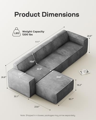 Oversized Deep U Shaped Modular Corduroy Sectional Sofa with Ottoman Y94771