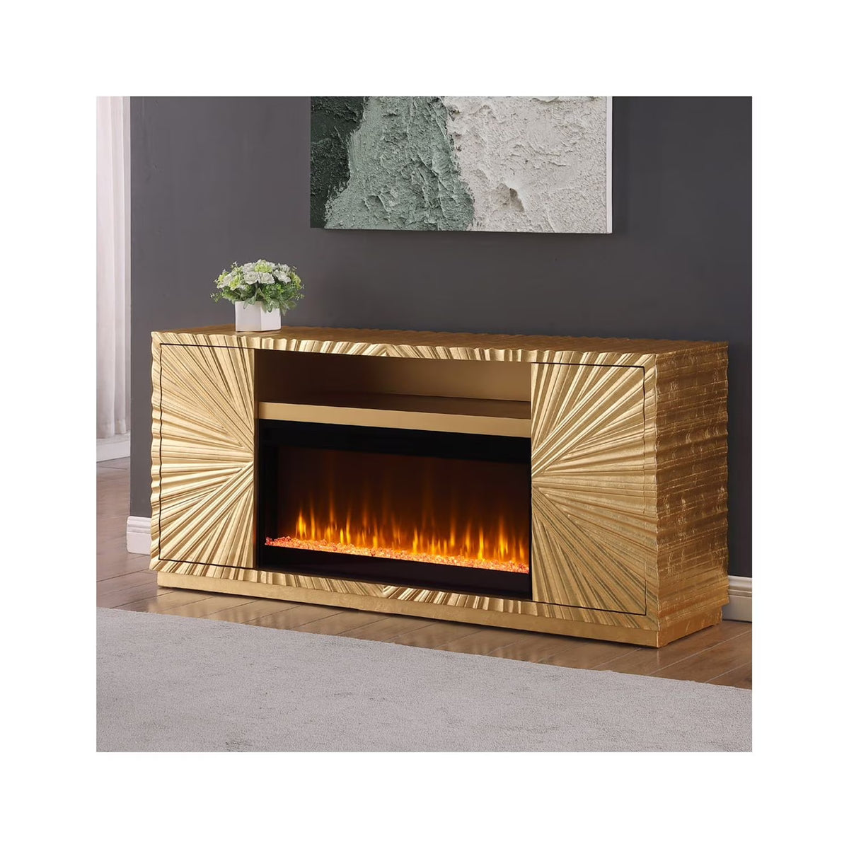 Metallic Gold Freestanding Infrared Electric Fireplace TV Stand B91365