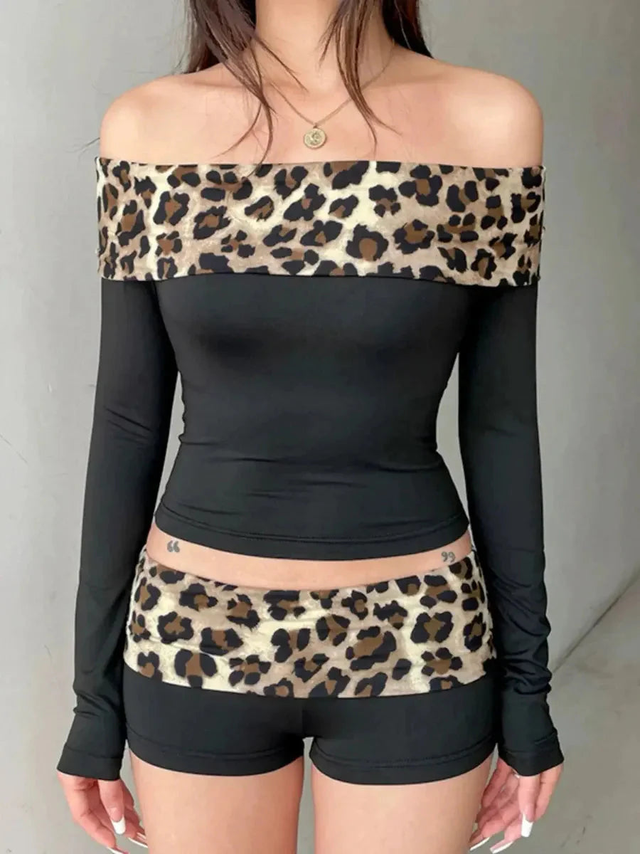 Cheetah Print Off Shoulder 2 Pcs Set O5966