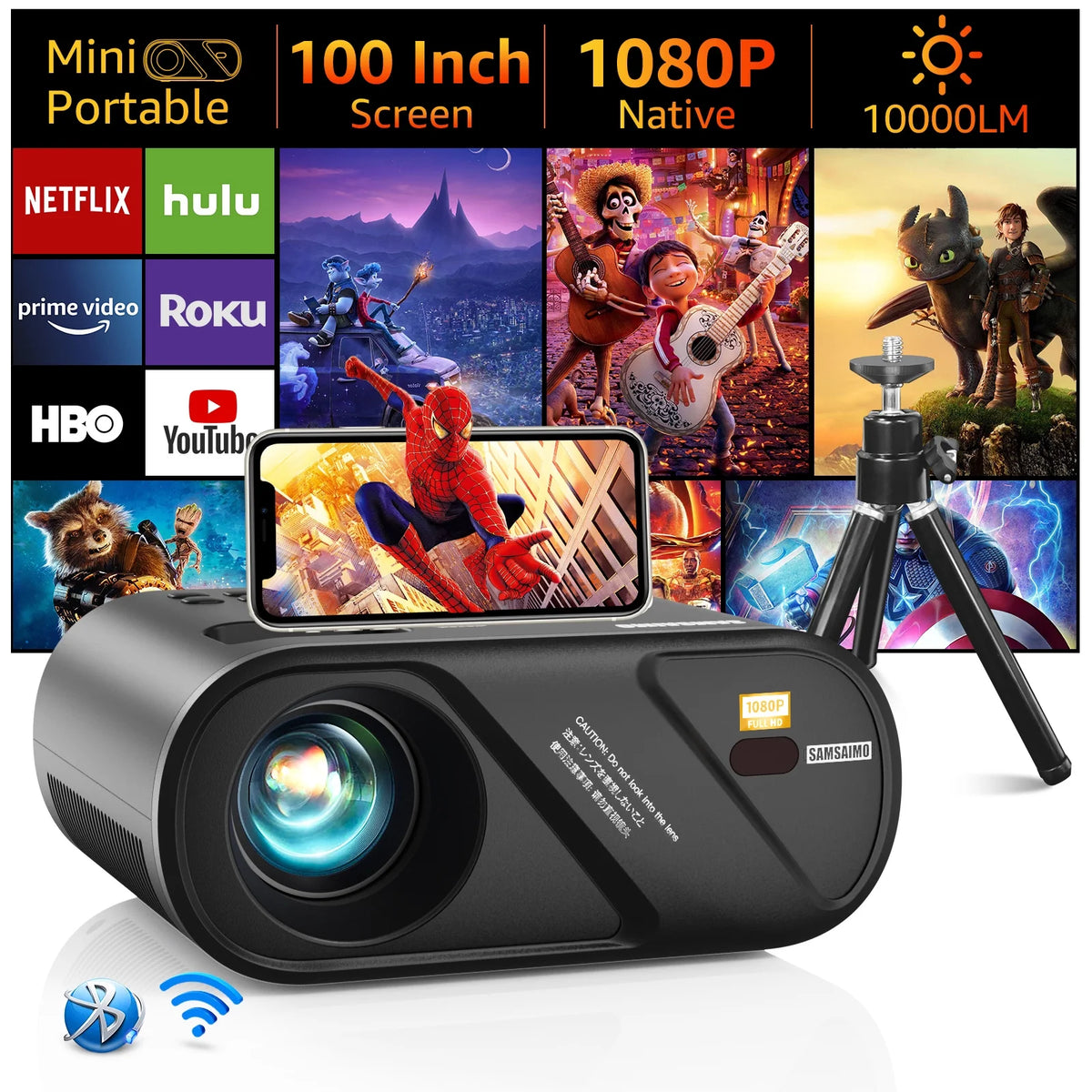 5G Wifi Mini Projector with 100 Projector Screen, Full HD 1080P, Black Y19233
