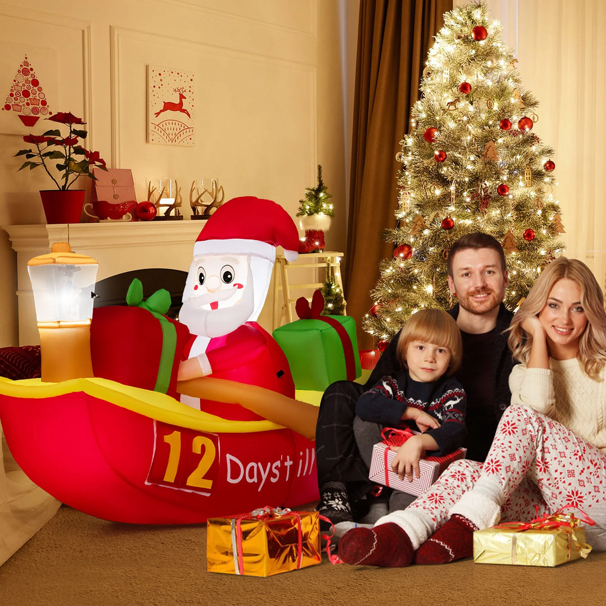 7 FT Christmas Inflatable Santa Claus Rowing Boat with Navigation Light S142208
