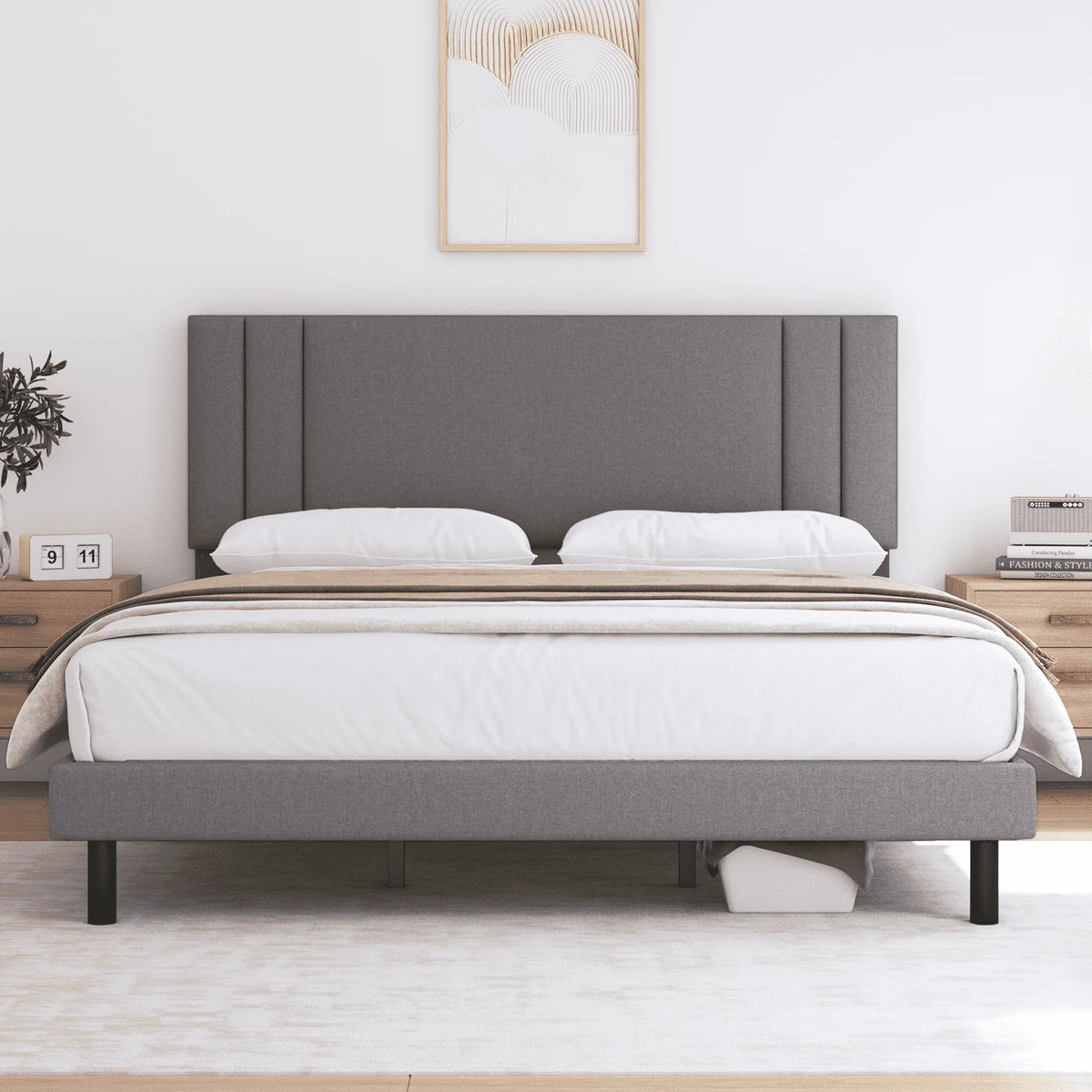 Full Size Platform Bed Frame with Fabric Upholstered Headboard V78753