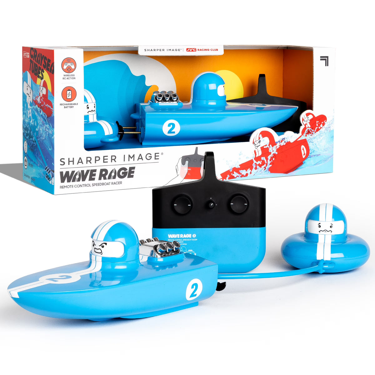 Blue Wireless Rechargeable Bumper Boat with Tow Rider J524
