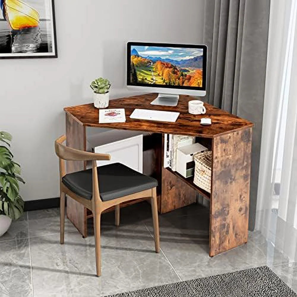 Corner Computer Desk Triangular Writing Desk with 2 Shelves W13936