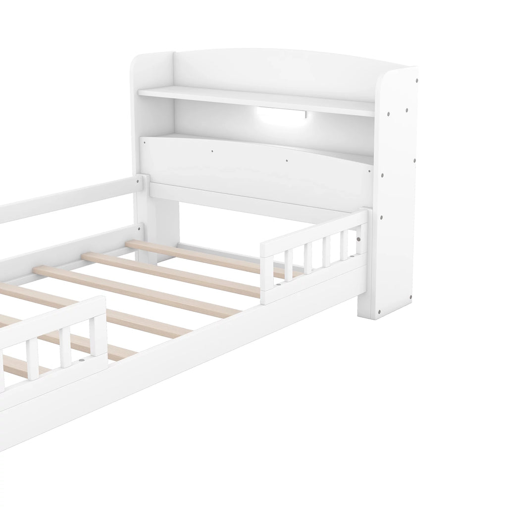 Twin Size Wood Platform Bed with Storage Headboard and Guardrail S570533