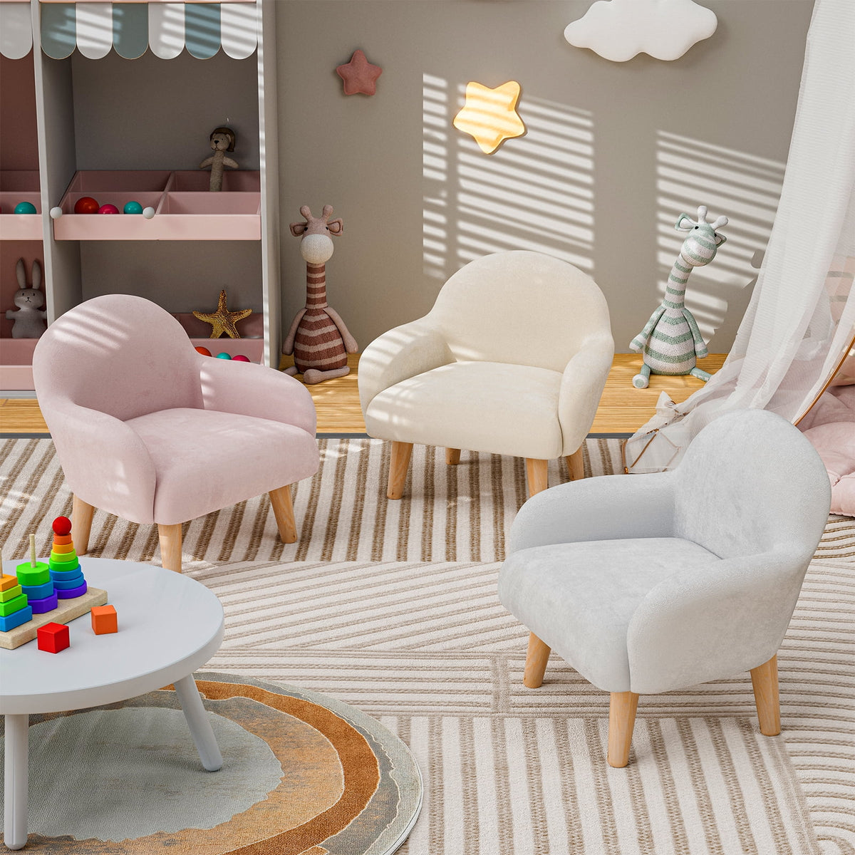 Beige Velvet Kids Armchair with Wooden Legs Z70318