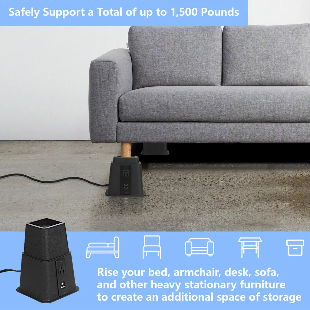 Black Adjustable Bed Riser with Power Outlet and USB Ports Set of 4 T886934