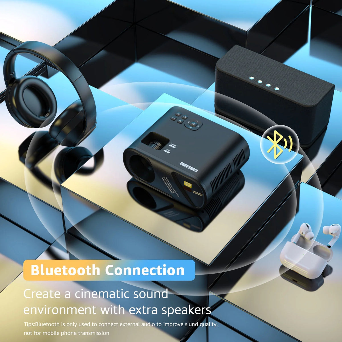 5G Wifi Mini Projector with 100 Projector Screen, Full HD 1080P, Black Y19233