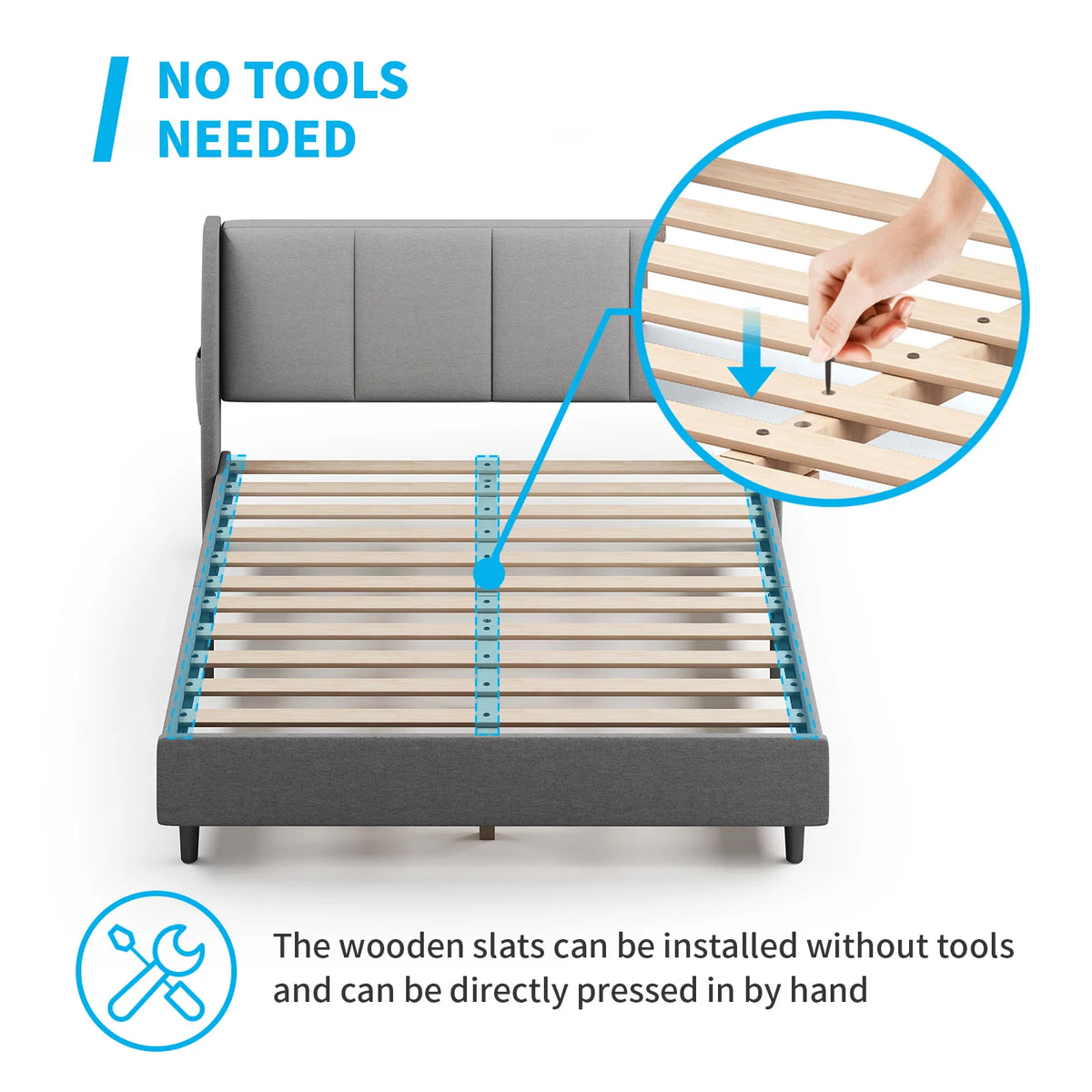 King Size Dark Gray Platform Bed Frame with Side Pockets O395899
