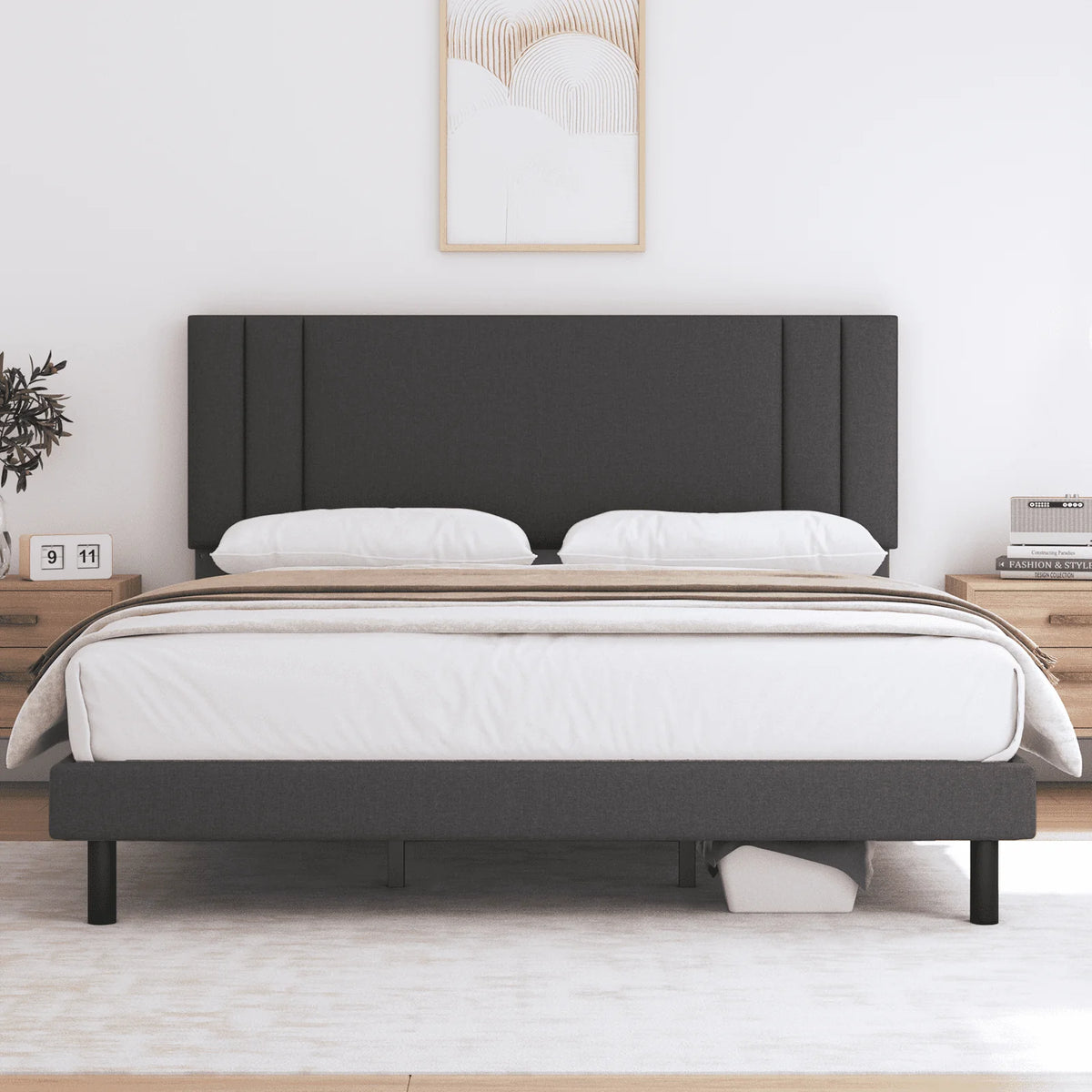 Full Size Platform Bed Frame with Fabric Upholstered Headboard V78753