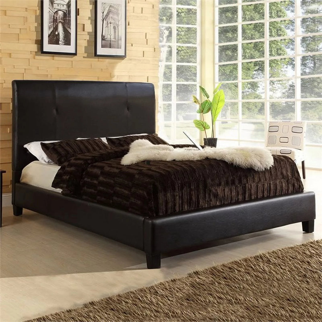 Queen Panel Bed Dark Brown Faux Leather C161