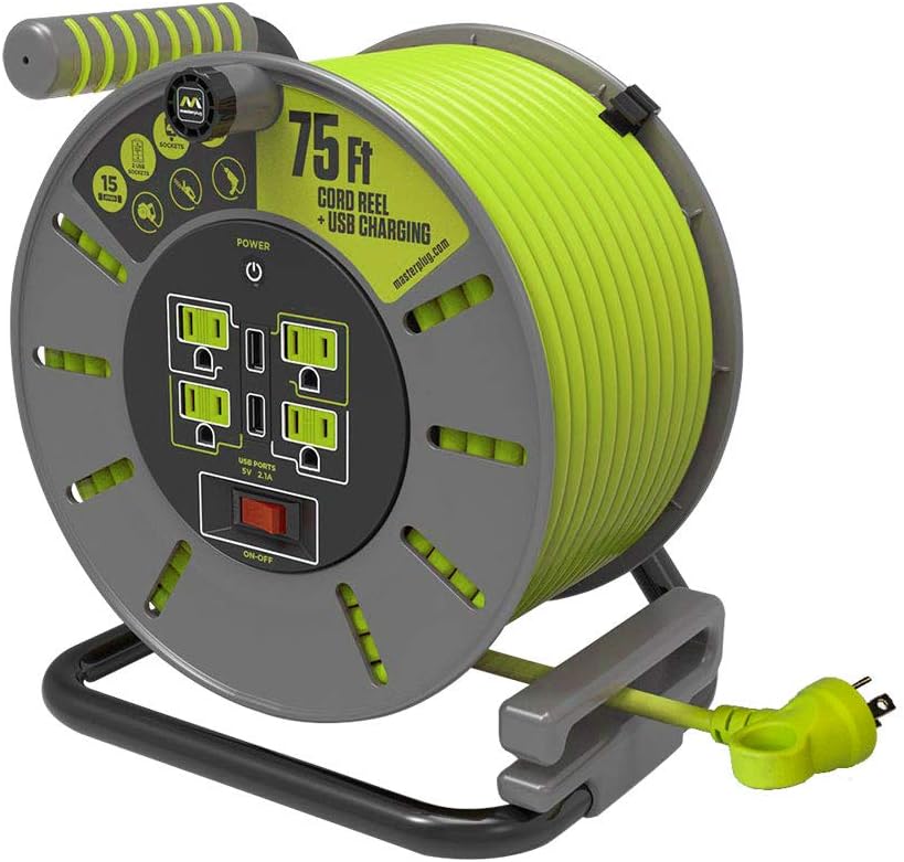 Heavy Duty Metal Cord Reel with 4 Outlets and 12 Gauge Cord (100ft) L46429