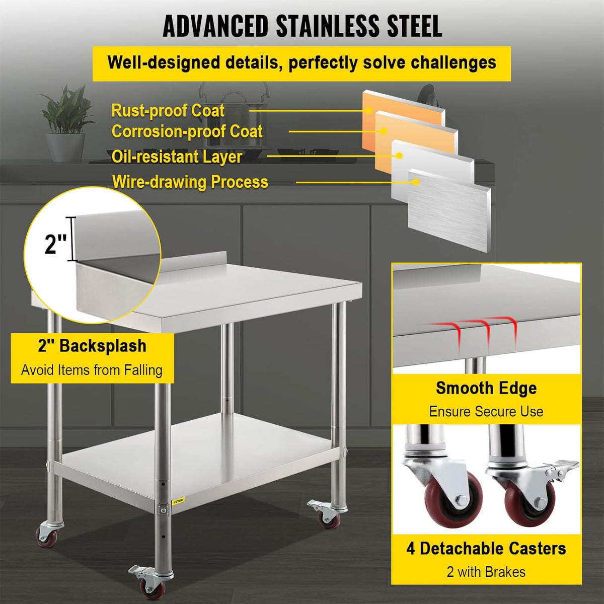 Stainless Steel Prep Table, 30 x 24 x 35 Inch, 440lbs Load Capacity, with Backsplash, Adjustable Undershelf & 4 Casters C81346