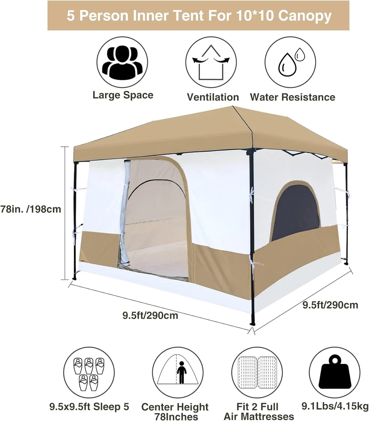 10' x 10' Khaki Camping Inner Tent Square Tent with Full Floor U28714