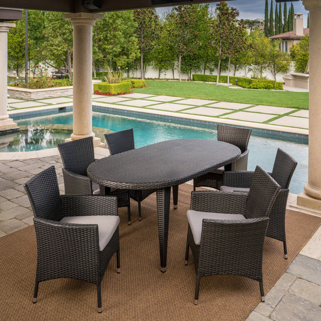 7 Piece Wicker Oval Dining Set with Cushions G6757